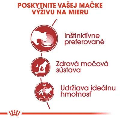 Inštinktívne preferované, zdravá močová sústava, udržiava ideálnu hmotnosť – hlavné benefity krmiva pre mačky zobrazené v grafe s ikonami.