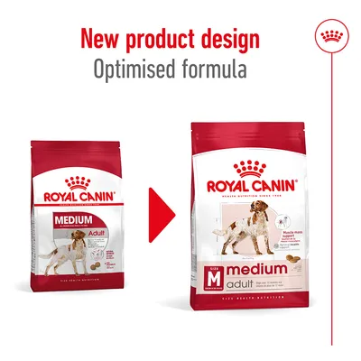 Royal Canin Medium Adult. Νέος σχεδιασμός προϊόντος, βελτιστοποιημένη φόρμουλα. Εμφανίζονται δύο συσκευασίες με σκύλο και αγγλικό κείμενο: 'Muscle mass support', 'Optimal health'.