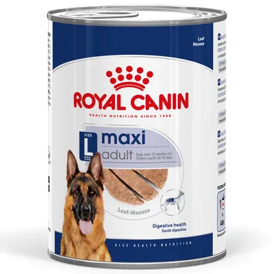 Royal Canin maxi adult Loaf-Mousse, per cani oltre 15 mesi, salute digestiva, lattina da 400 g con immagine di un pastore tedesco e fetta di mousse visibile sull'etichetta.