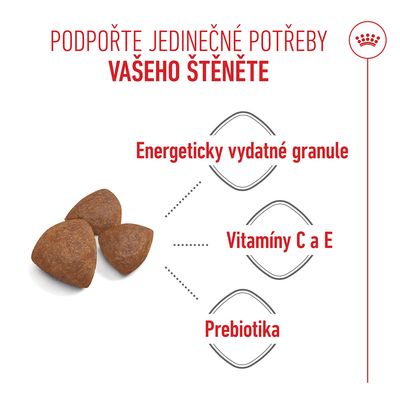 Granule s upozorněním: energeticky bohaté granule, vitaminy C a E, prebiotika. Text v češtině.