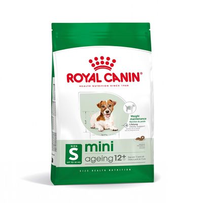Royal Canin mini ageing 12+ hondenvoer, size S tot 10 kg, weight maintenance, vitality support. Verpakking met afbeelding van kleine hond en brokjes. Tekst deels in het Engels.