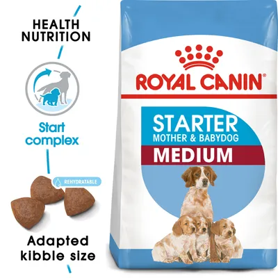 Royal Canin Starter Mother & Babydog Medium -koiranruokapakkaus, kuvassa aikuinen koira ja pentuja. Tekstit: Health Nutrition, Start complex, Adapted kibble size, Rehydratable.