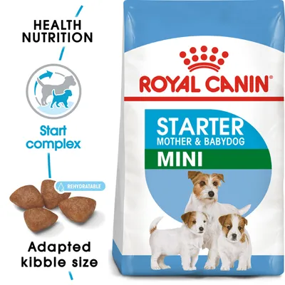 Royal Canin Starter Mother & Babydog Mini -koiranruokapakkaus, kuvassa kolme pientä koiraa, nappuloiden koko esitetty, tekstit: Health Nutrition, Start complex, Adapted kibble size, Rehydratable.