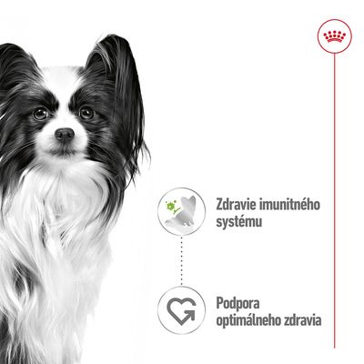 Text: Zdravie imunitného systému, Podpora optimálneho zdravia. Vedľa čiernobieleho psa sú ikony a logo Royal Canin v pravom hornom rohu.