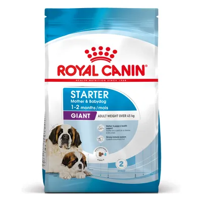 Pachet Royal Canin Starter Mother & Babydog Giant, 1–2 months/mois, pentru câini adulți peste 45 kg. Imagine cu doi câini pe ambalaj. Text vizibil: health support, strong immune system. Pachet Royal Canin Starter Mother & Babydog Giant, 1–2 months/mois, pentru câini adulți peste 45 kg. Imagine cu doi câini pe ambalaj. Text vizibil: health support, strong immune system.