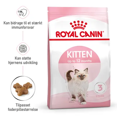 Royal Canin Kitten Up to 12 months, billede af kattekilling, tekst: Kan bidrage til et stærkt immunforsvar, kan støtte hjernens udvikling, tilpasset foderpillesstørrelse, 3 stage