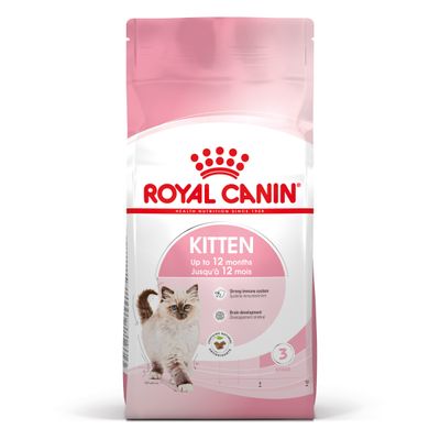 Royal Canin Kitten tørfoder. Tekst: KITTEN Up to 12 months Jusqu'à 12 mois. Strong immune system, Brain development. Billede af kattekilling på posen.