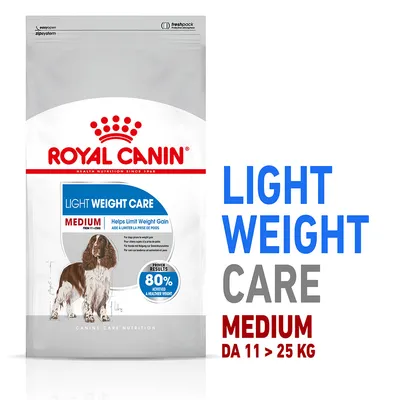 Royal Canin Light Weight Care Medium da 11 a 25 kg, confezione con cane illustrato. Testo visibile: aiuta a limitare l'aumento di peso, risultati provati 80% raggiunto peso più sano. Royal Canin Light Weight Care Medium da 11 a 25 kg, confezione con cane illustrato. Testo visibile: aiuta a limitare l'aumento di peso, risultati provati 80% raggiunto peso più sano.