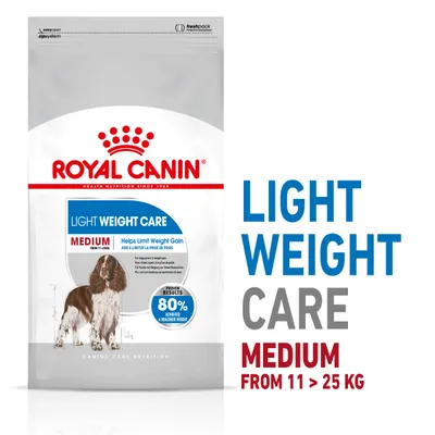 Light Weight Care Medium, for pets from 11 to 25 kg. Helps limit weight gain. Proven results: 80% achieved a healthier weight.