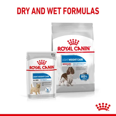 Royal Canin Light Weight Care dry and wet formulas shown, highlighting options to help limit weight gain. Text states 80% of dogs achieved a healthier weight. For all sizes and medium.