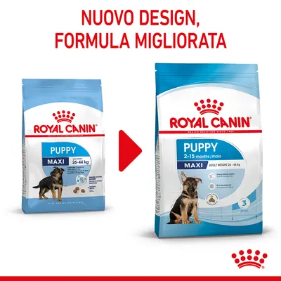 Royal Canin Puppy Maxi 26–44 kg, nuovo design e formula migliorata. A sinistra confezione vecchia, a destra nuova con testo: 2–15 months/mois, adult weight 26–44 kg.