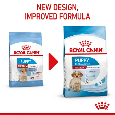Royal Canin Puppy Medium 11–25 kg, nyt design og forbedret formel. Ny emballage viser: Puppy 2–12 months, Adult Weight 11–25 kg, billede af hvalp, trin 3.
