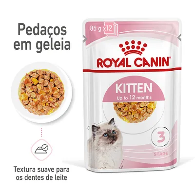 Royal Canin Kitten Up to 12 months, 85 g x12. Pedaços em geleia. Textura suave para os dentes de leite. Imagem de comida húmida e de um gatinho. Royal Canin Kitten Up to 12 months, 85 g x12. Pedaços em geleia. Textura suave para os dentes de leite. Imagem de comida húmida e de um gatinho.