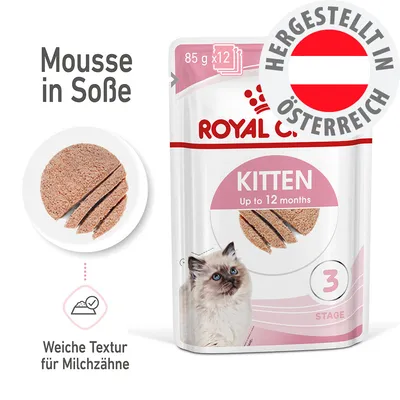 Royal Canin Kitten Mousse in Soße, 85g x12, für Kätzchen bis 12 Monate, weiche Textur für Milchzähne, hergestellt in Österreich