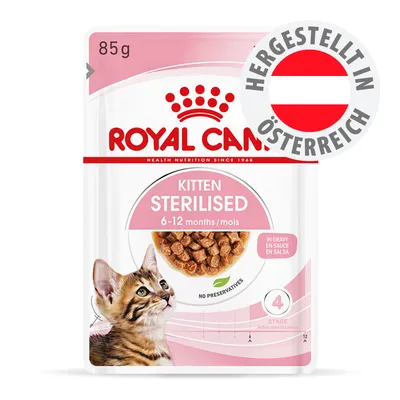 Royal Canin Kitten Sterilised 6-12 months, 85g, in Sauce, ohne Konservierungsstoffe, hergestellt in Österreich