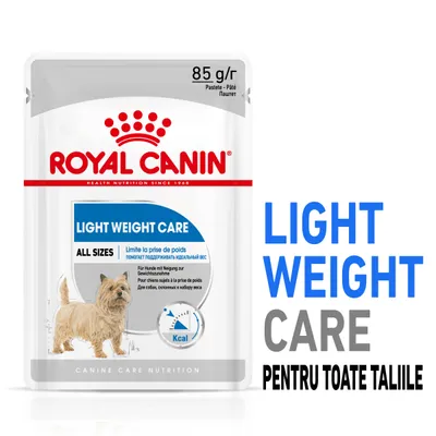 Plic Royal Canin Light Weight Care 85 g pentru câini, text vizibil: Light Weight Care, All Sizes, limite la prise de poids, imagine câine mic, simbol calorii.