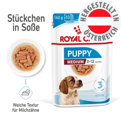 Royal Canin Puppy Medium 2-12 months, Stückchen in Soße, weiche Textur für Milchzähne, 140g x10, hergestellt in Österreich Royal Canin Puppy Medium 2-12 months, Stückchen in Soße, weiche Textur für Milchzähne, 140g x10, hergestellt in Österreich