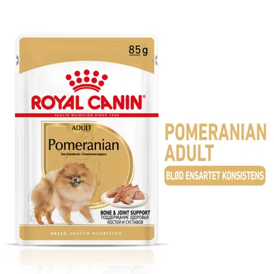 ROYAL CANIN Pomeranian Adult 85 g, blød ensartet konsistens, BONE & JOINT SUPPORT, billede af pomeranian og vådfoder på emballagen ROYAL CANIN Pomeranian Adult 85 g, blød ensartet konsistens, BONE & JOINT SUPPORT, billede af pomeranian og vådfoder på emballagen