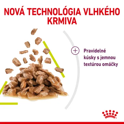 Nová technológia vlhkého krmiva. Pravidelné kúsky s jemnou textúrou omáčky. Značka Royal Canin.
