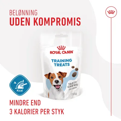 Royal Canin Training Treats Tasty Chews 110 g. Belønning uden kompromis. Mindre end 3 kalorier per styk. Low calorie. Kcal-symbol synligt.