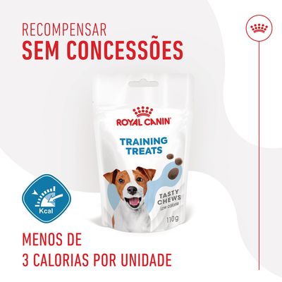Royal Canin Training Treats Tasty Chews low calorie, embalagem de 110 g. Menos de 3 calorias por unidade. Texto: Recompensar sem concessões.