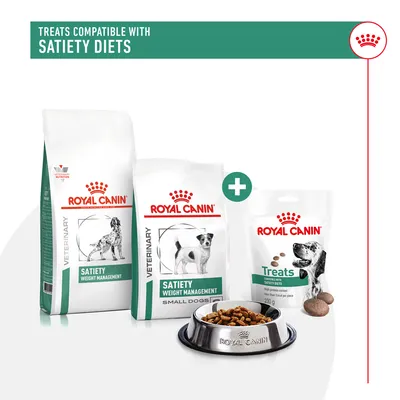 Royal Canin Satiety Weight Management food and treats shown as compatible with satiety diets. Includes two food bags, a treat pouch, and a bowl of kibble.