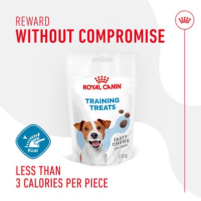 Royal Canin Training Treats, tasty chews with less than 3 calories per piece. Low calorie. Reward without compromise. 110g pack shown.