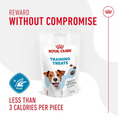 Royal Canin Training Treats, tasty chews with less than 3 calories per piece. Low calorie. Reward without compromise. 110g pack shown.