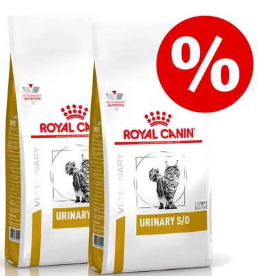 Royal Canin Veterinary Nutrition Urinary S/O kissanruoka, kaksi pakkausta, tarjousprosenttimerkki näkyvissä