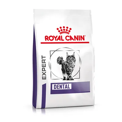 Sachet de croquettes pour chat Royal Canin Expert Dental, image d’un chat, texte visible : EXPERT, DENTAL. Sachet de croquettes pour chat Royal Canin Expert Dental, image d’un chat, texte visible : EXPERT, DENTAL.