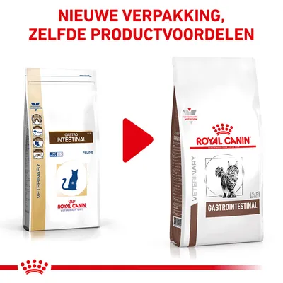 Nieuwe verpakking Royal Canin Gastro Intestinal kattenvoer, zelfde productvoordelen. Links oude zak met blauwe kat, rechts nieuwe zak met getekende kat en merknaam.