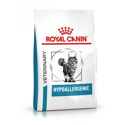 Saco de pienso para gatos Royal Canin Veterinary Hypoallergenic. Imagen de un gato en el envase. Texto visible: VETERINARY, HYPOALLERGENIC.