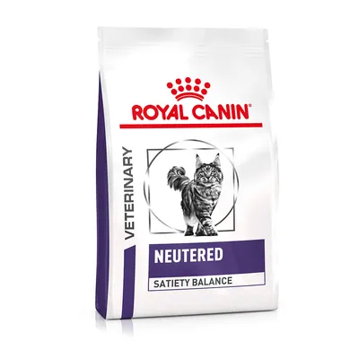 Saco de pienso Royal Canin Veterinary para gatos, texto visible: NEUTERED, SATIETY BALANCE. Imagen de un gato en el envase.