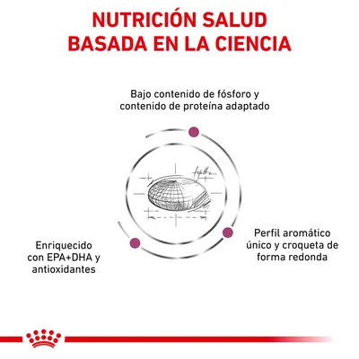 NUTRICIÓN SALUD BASADA EN LA CIENCIA. Bajo contenido de fósforo y proteína adaptado. Enriquecido con EPA+DHA y antioxidantes. Perfil aromático único y croqueta de forma redonda.