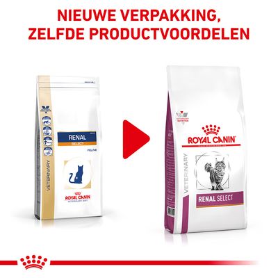 Royal Canin Renal Select kattenvoer: oude en nieuwe verpakking naast elkaar. Tekst bovenaan: 'Nieuwe verpakking, zelfde productvoordelen'.