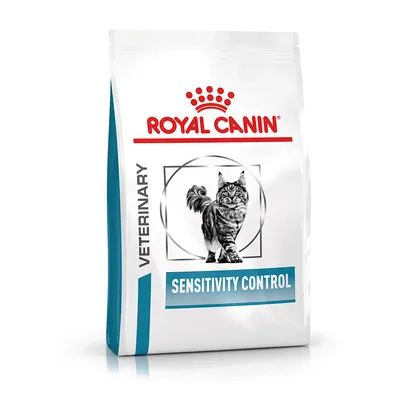Royal Canin Veterinary Sensitivity Control cat food packaging with image of a cat and visible text: SENSITIVITY CONTROL, VETERINARY.
