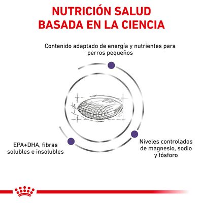 Nutrición salud basada en la ciencia. Contenido adaptado de energía y nutrientes para perros pequeños. EPA+DHA, fibras solubles e insolubles. Niveles controlados de magnesio, sodio y fósforo.