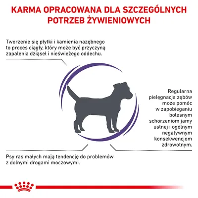 Karma opracowana dla szczególnych potrzeb żywieniowych. Informacje o pielęgnacji zębów, problemach z kamieniem nazębnym i tendencji małych ras do problemów z drogami moczowymi.