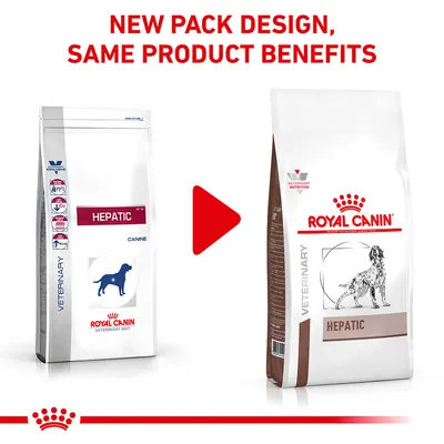 Image shows old and new packaging for a hepatic veterinary diet with the text 'New pack design, same product benefits'. Product content remains unchanged.