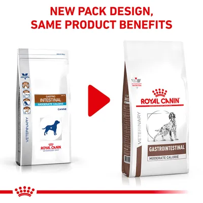 Image shows old and new packaging for Royal Canin Gastrointestinal Moderate Calorie, with text stating 'New pack design, same product benefits'.