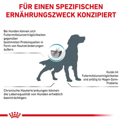 Текст на немецком: FÜR EINEN SPEZIFISCHEN ERNÄHRUNGSZWECK KONZIPIERT. Описание проблем с кожей и пищеварением у собак при непереносимости кормов, силуэт собаки.