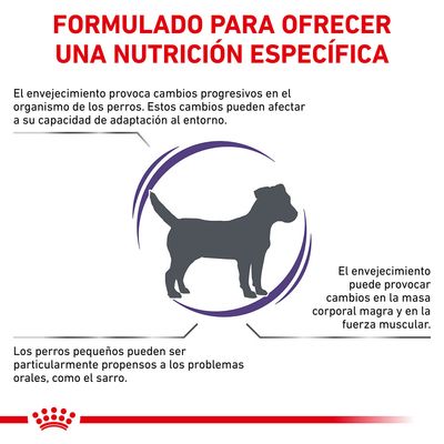 Formulado para ofrecer una nutrición específica. El envejecimiento provoca cambios progresivos en perros, afecta adaptación, masa corporal magra, fuerza muscular y problemas orales como el sarro.