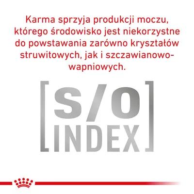 Karma sprzyja produkcji moczu, którego środowisko jest niekorzystne do powstawania kryształów struwitowych i szczawianowo-wapniowych. [s/o] INDEX