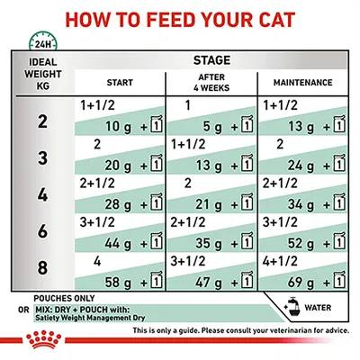 Feeding guide table showing daily pouch and gram amounts by ideal weight in kg, with stages for start, after 4 weeks, and maintenance. Includes water reminder and vet advice note.