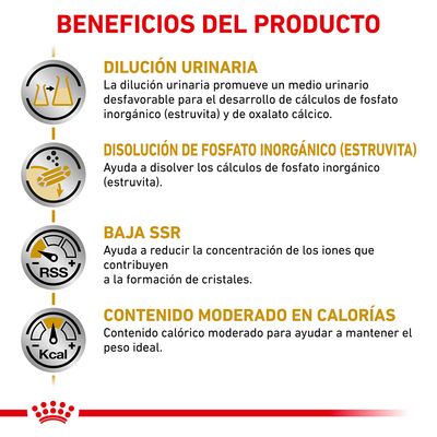 Beneficios del producto: dilución urinaria, disolución de fosfato inorgánico (estruvita), baja SSR y contenido moderado en calorías. Descripciones detalladas incluidas.