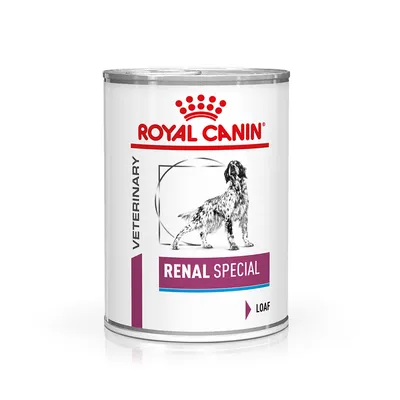 Blik Royal Canin Veterinary Renal Special Loaf hondenvoer, met afbeelding van hond en zichtbare productnaam op het etiket. Blik Royal Canin Veterinary Renal Special Loaf hondenvoer, met afbeelding van hond en zichtbare productnaam op het etiket.