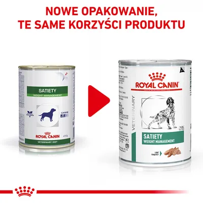 Nowe opakowanie karmy Royal Canin Satiety Weight Management dla psów. Widoczne dwie puszki: stare i nowe opakowanie. Napis: Nowe opakowanie, te same korzyści produktu.