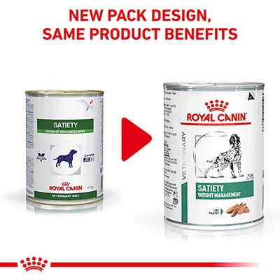 Image showing new pack design for Satiety Weight Management product with the text 'New pack design, same product benefits'. Old and new packaging displayed side by side.