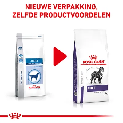 Nieuwe verpakking Royal Canin Adult Large Dogs, zelfde productvoordelen. Links oude zak, rechts nieuwe zak met hond en merknaam zichtbaar.