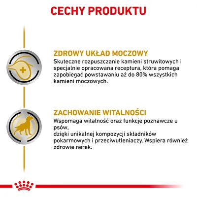 Cechy produktu: zdrowy układ moczowy – pomaga rozpuszczać kamienie i zapobiegać ich powstawaniu; zachowanie witalności – wspiera funkcje poznawcze, zdrowie nerek i witalność psów.